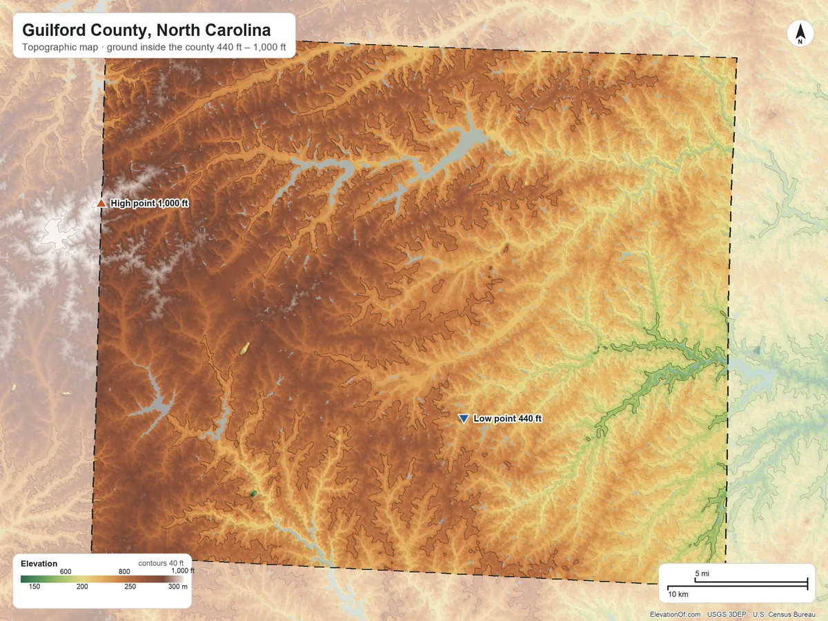 Topographic elevation map of Guilford County, North Carolina, shaded from 440 ft on the southeast side to 1,000 ft on the west side