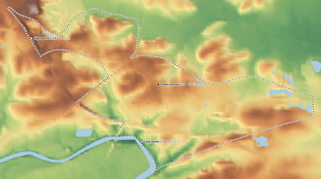 Topographic elevation map of Gulf, North Carolina, shaded from 210 ft on the south side to 310 ft on the west side