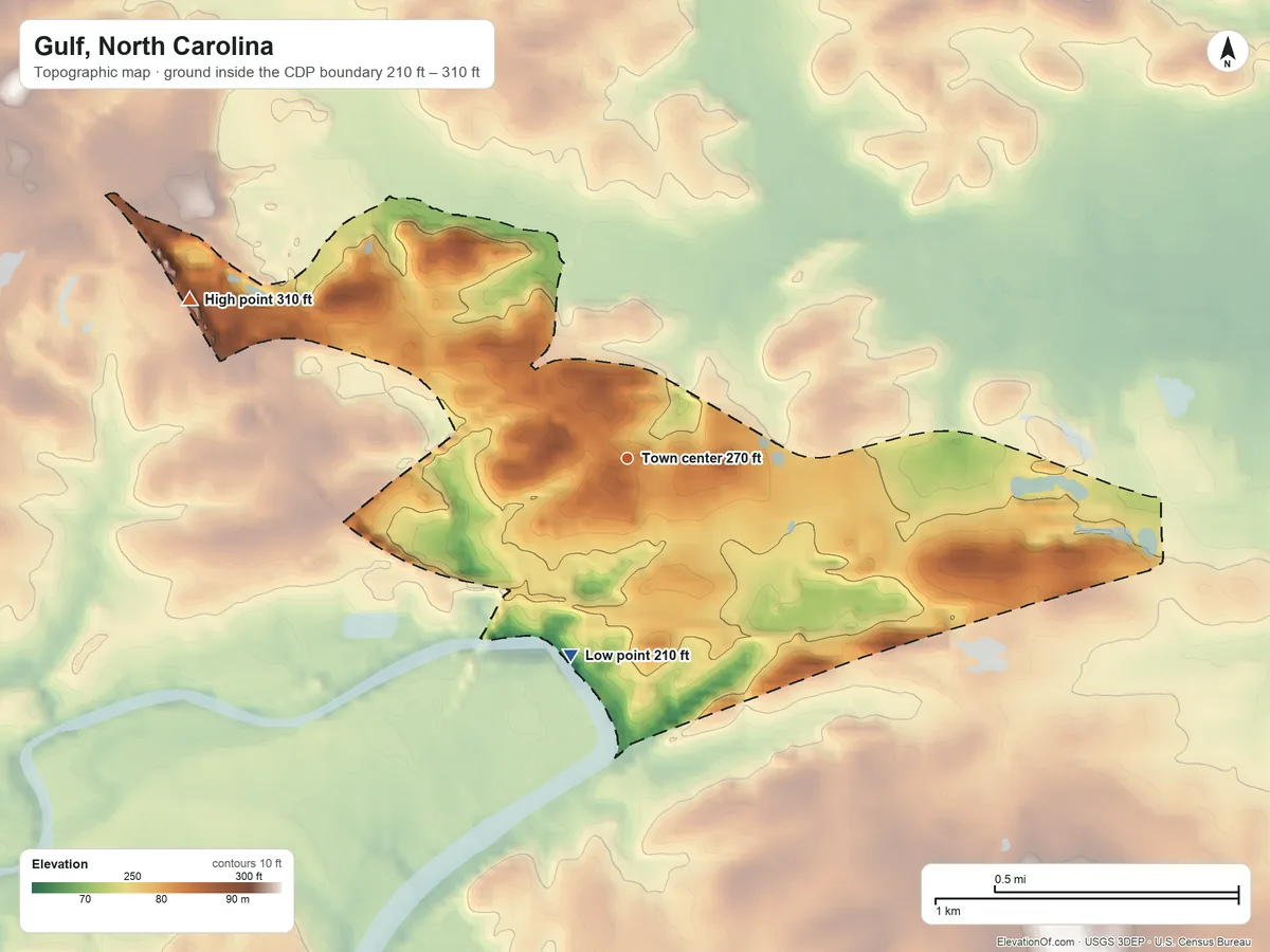 Topographic elevation map of Gulf, North Carolina, shaded from 210 ft on the south side to 310 ft on the west side