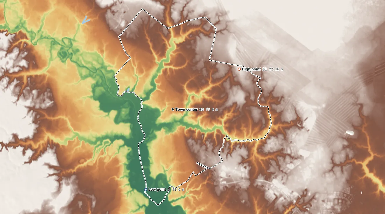 Topographic elevation map of Half Moon, North Carolina, shaded from 0 ft on the south side to 51 ft on the northeast side