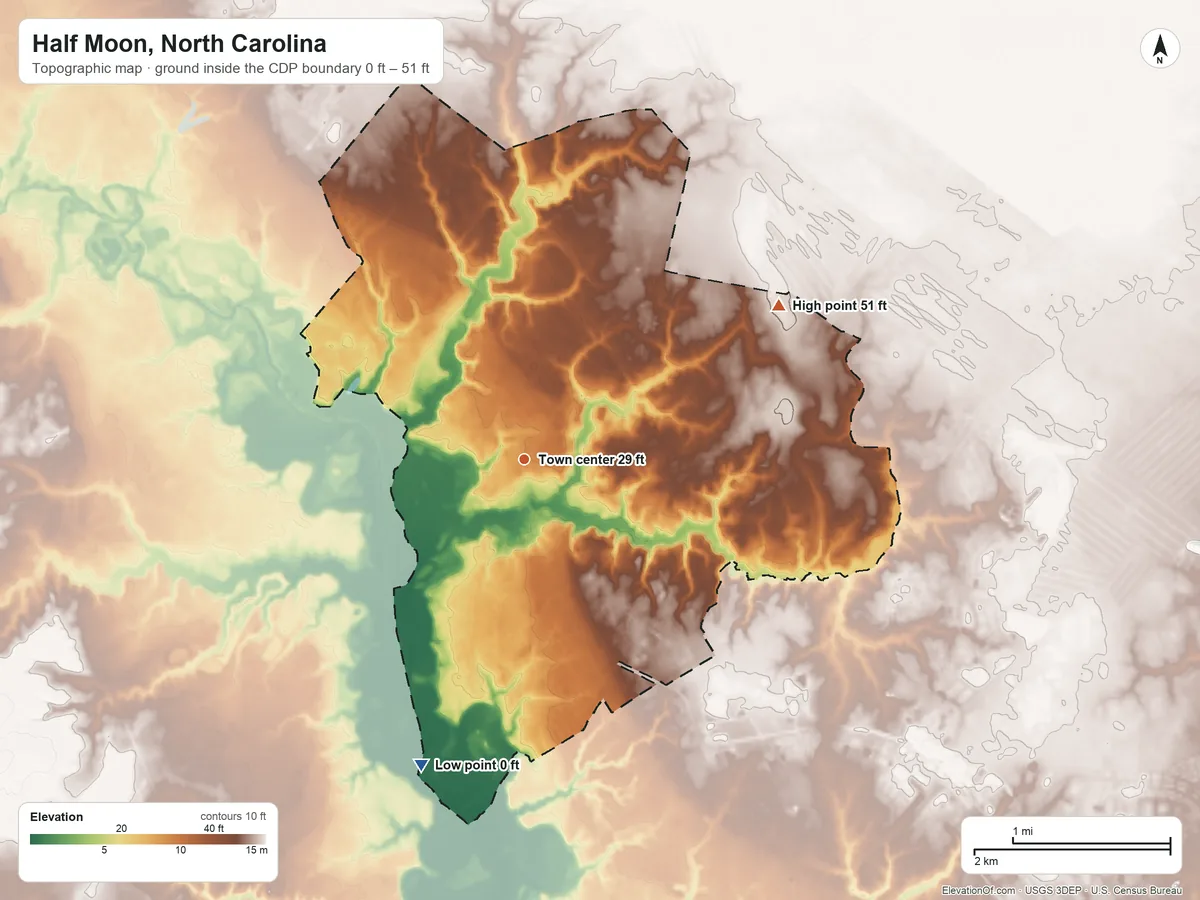 Topographic elevation map of Half Moon, North Carolina, shaded from 0 ft on the south side to 51 ft on the northeast side