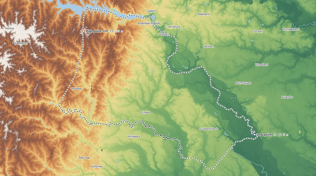 Topographic elevation map of Halifax County, North Carolina, shaded from 11 ft on the southeast side to 400 ft on the northwest side