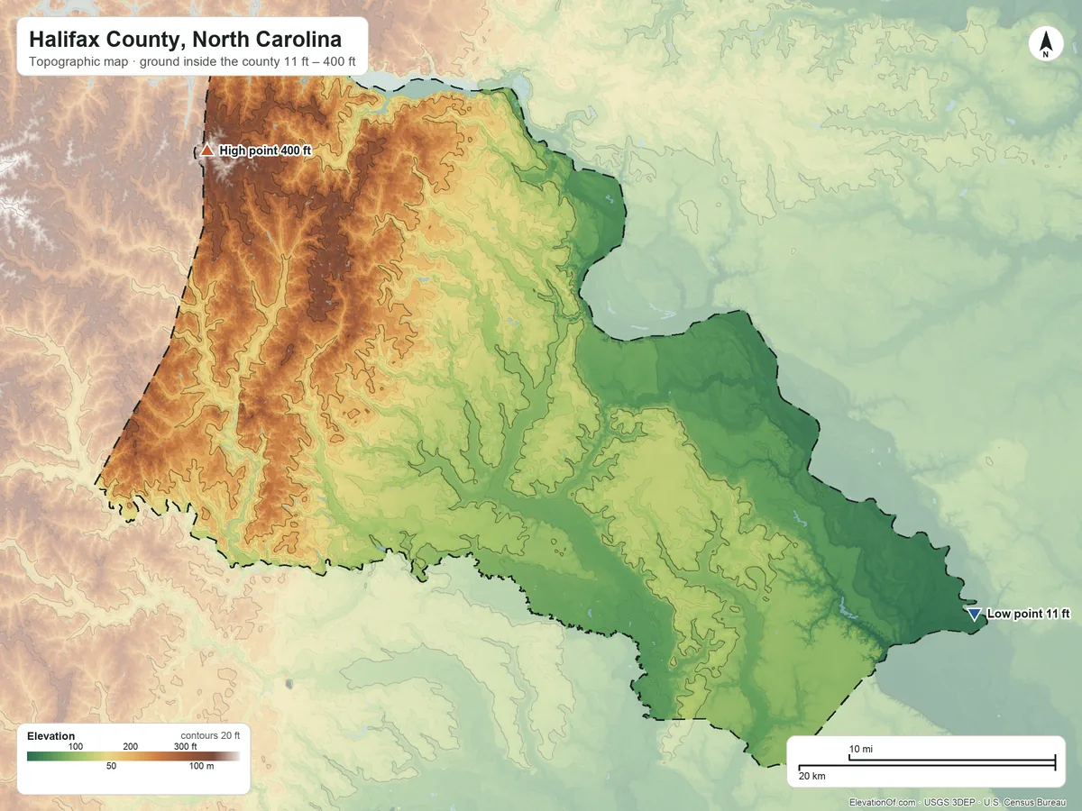 Topographic elevation map of Halifax County, North Carolina, shaded from 11 ft on the southeast side to 400 ft on the northwest side