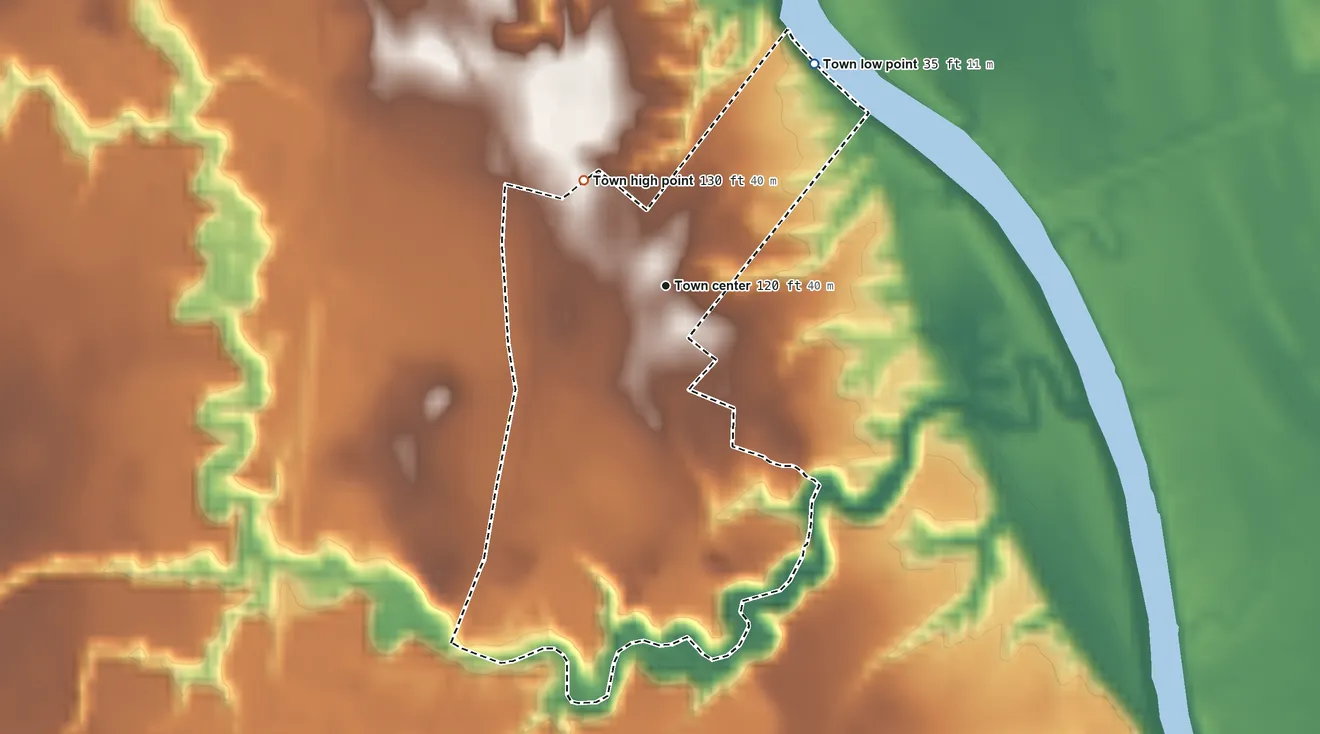 Topographic elevation map of Halifax, North Carolina, shaded from 35 ft on the northeast side to 130 ft on the northwest side