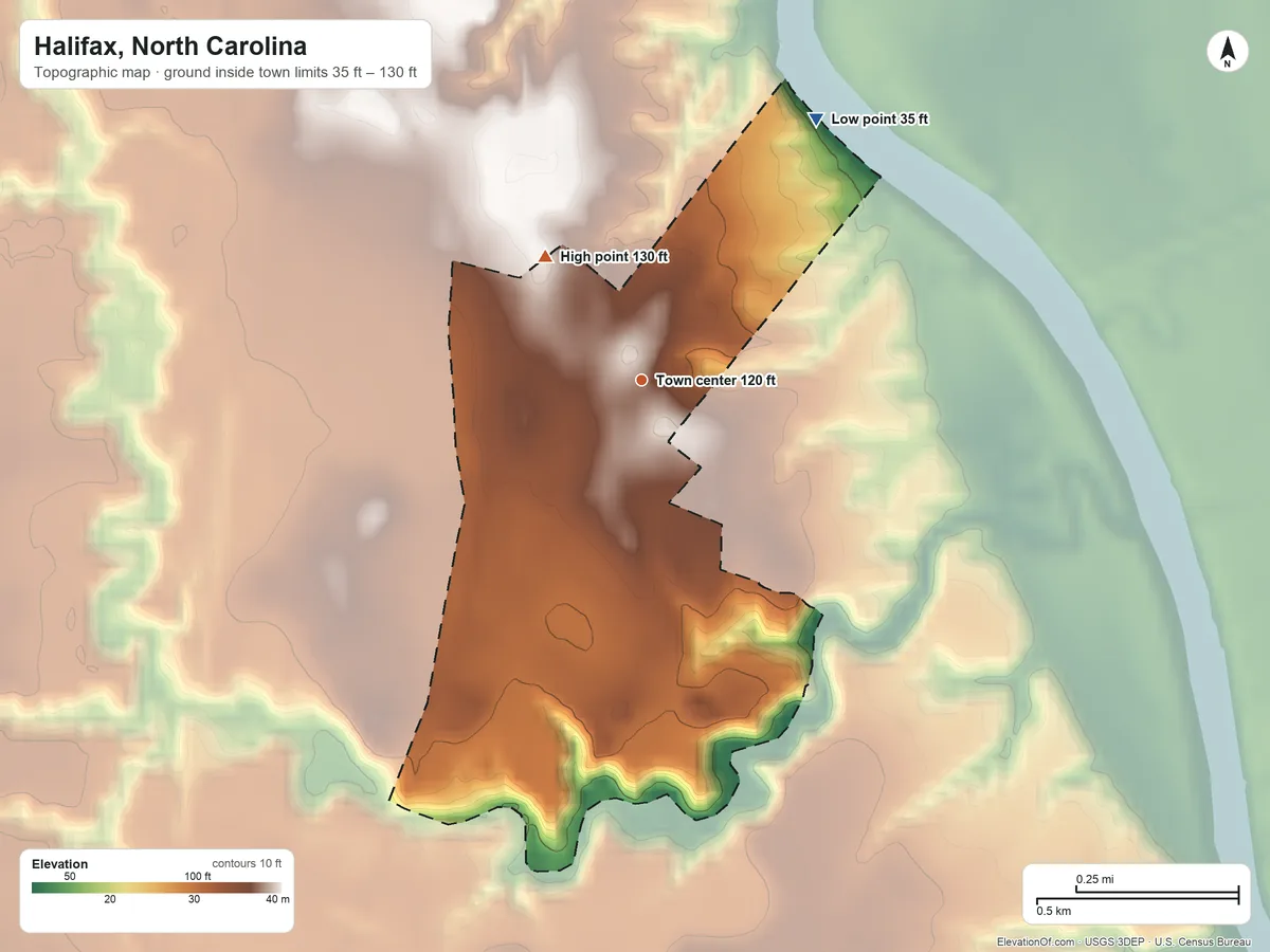 Topographic elevation map of Halifax, North Carolina, shaded from 35 ft on the northeast side to 130 ft on the northwest side