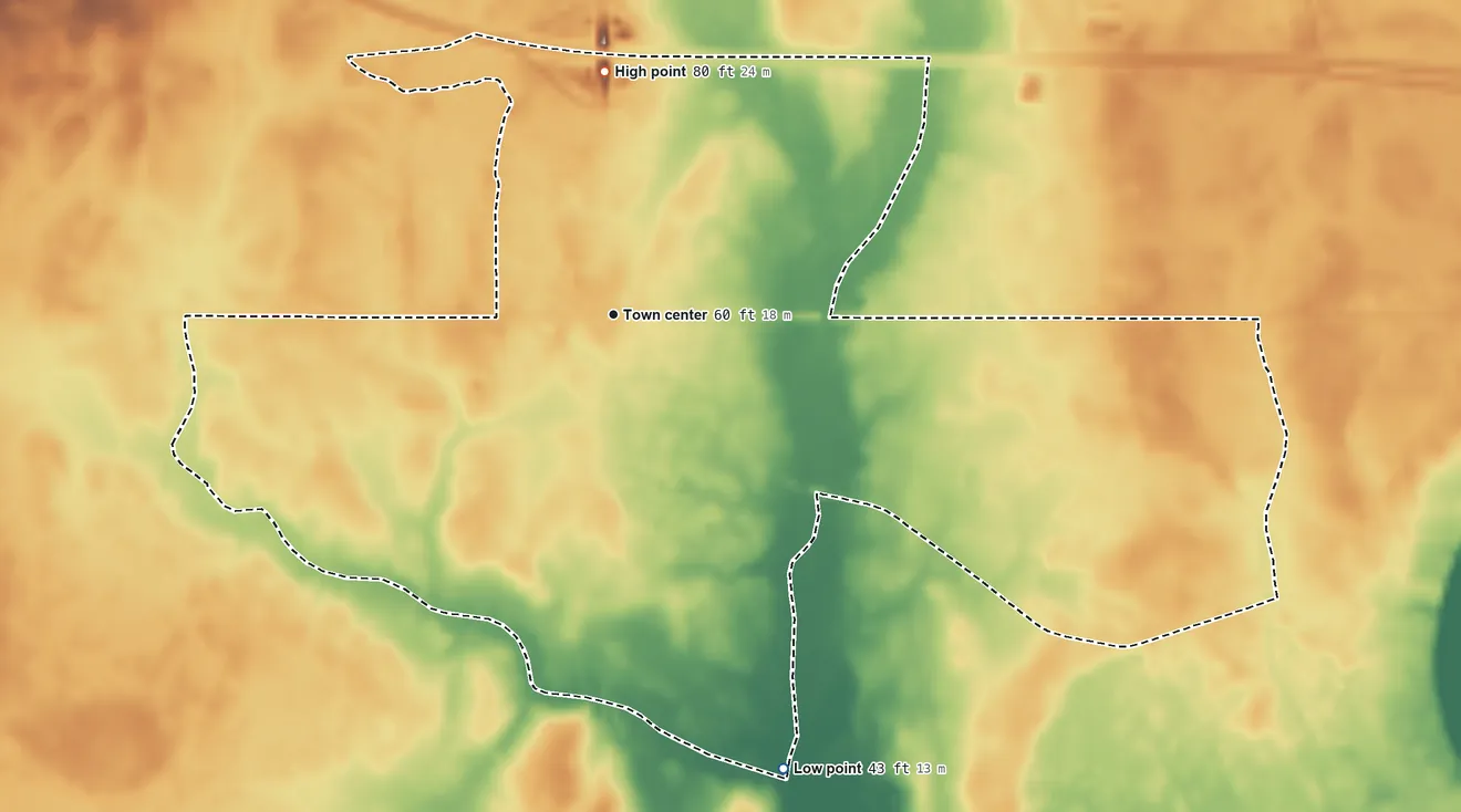 Topographic elevation map of Hallsboro, North Carolina, shaded from 43 ft on the south side to 80 ft on the north side