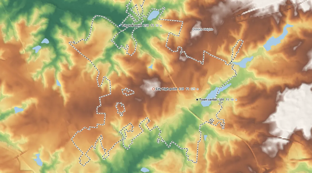 Topographic elevation map of Hamlet, North Carolina, shaded from 250 ft on the northwest side to 410 ft on the west side