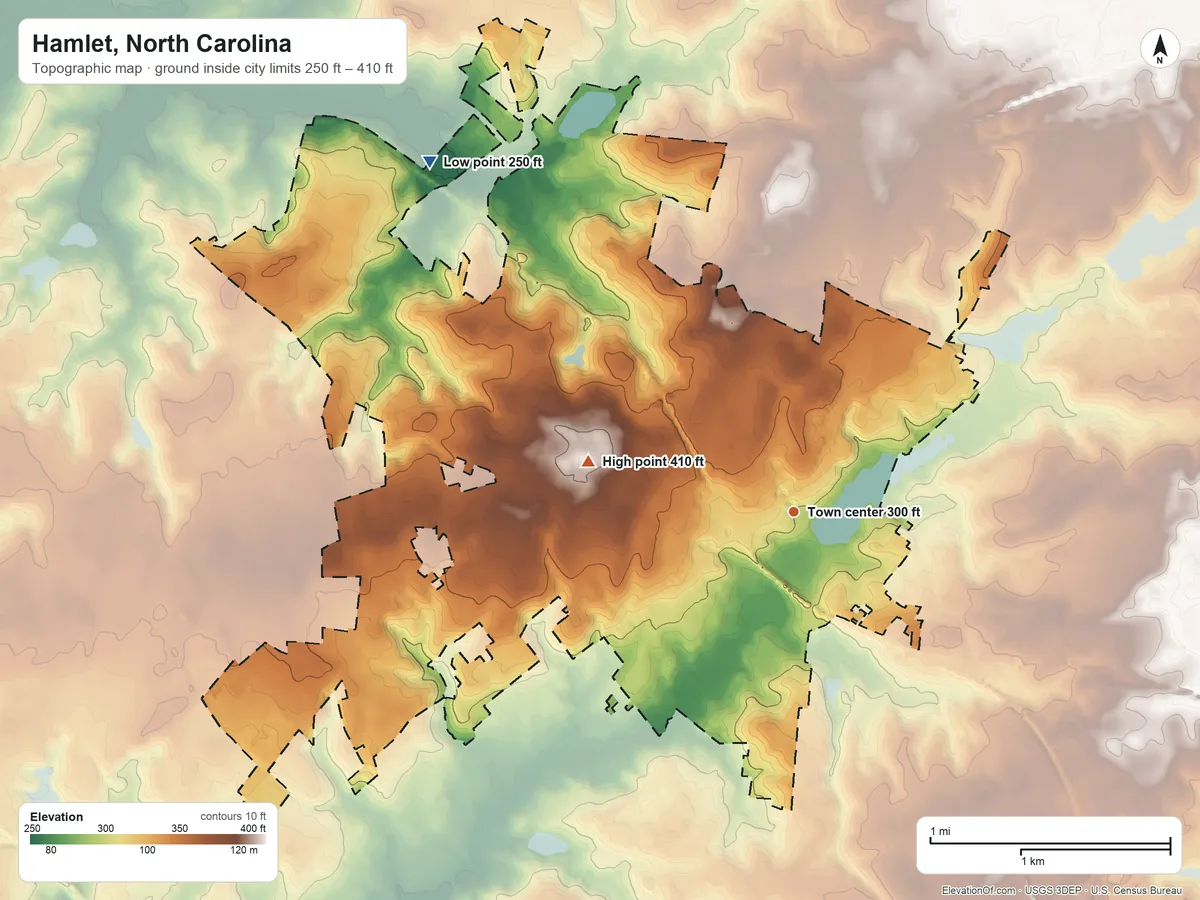 Topographic elevation map of Hamlet, North Carolina, shaded from 250 ft on the northwest side to 410 ft on the west side
