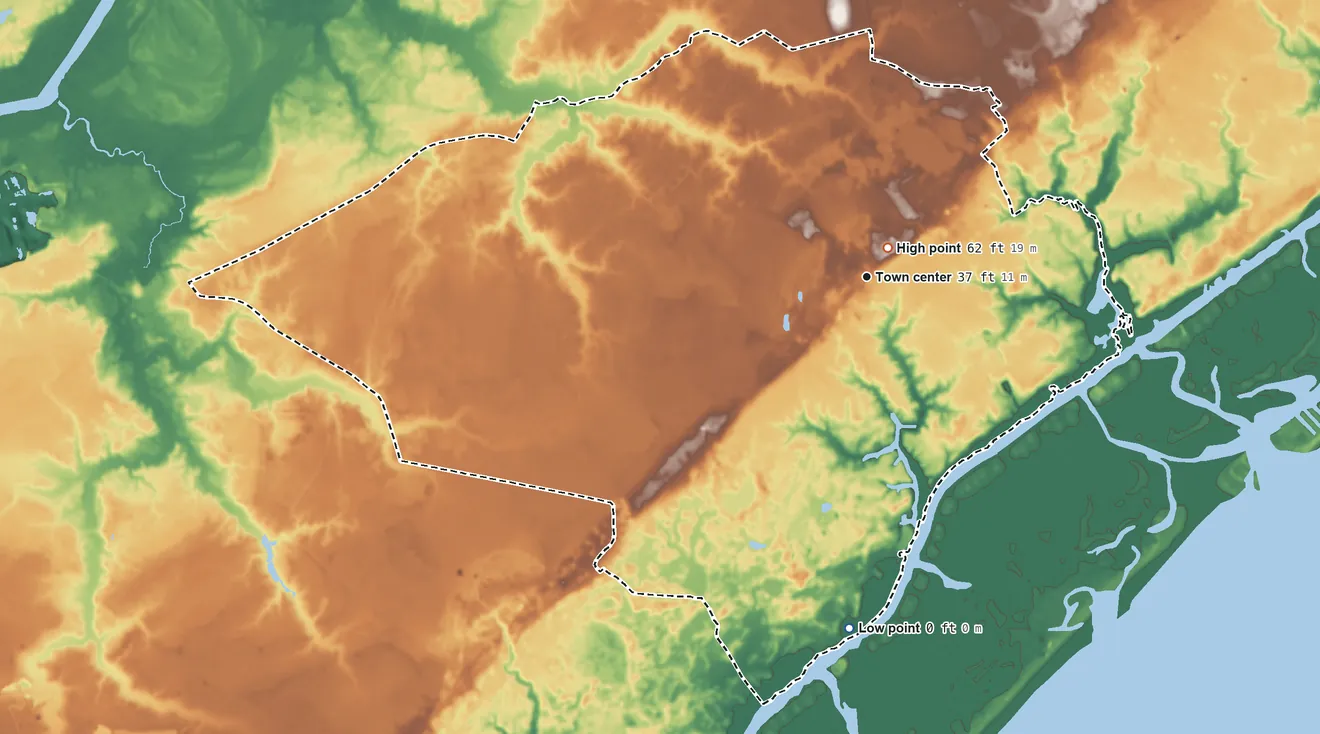 Topographic elevation map of Hampstead, North Carolina, shaded from sea level level on the Green Channel to 62 ft near the middle