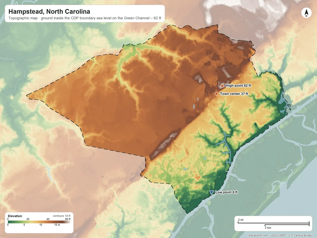 Topographic elevation map of Hampstead, North Carolina, shaded from sea level level on the Green Channel to 62 ft near the middle