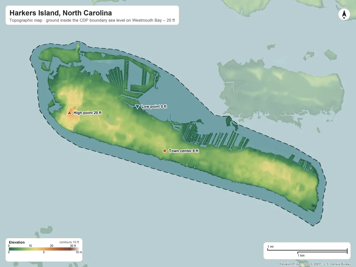 Topographic elevation map of Harkers Island, North Carolina, shaded from sea level level on Westmouth Bay to 20 ft on the west side