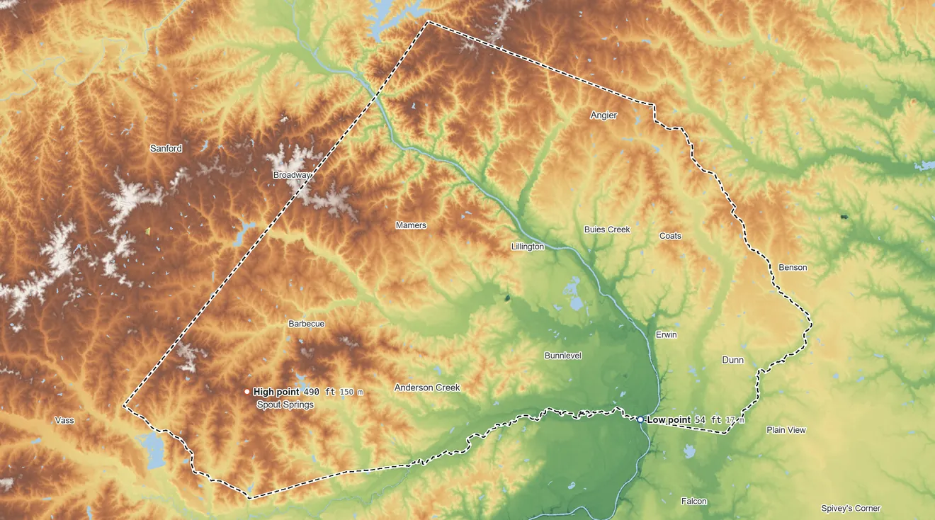 Topographic elevation map of Harnett County, North Carolina, shaded from 54 ft on the southeast side to 490 ft on Cameron Hill