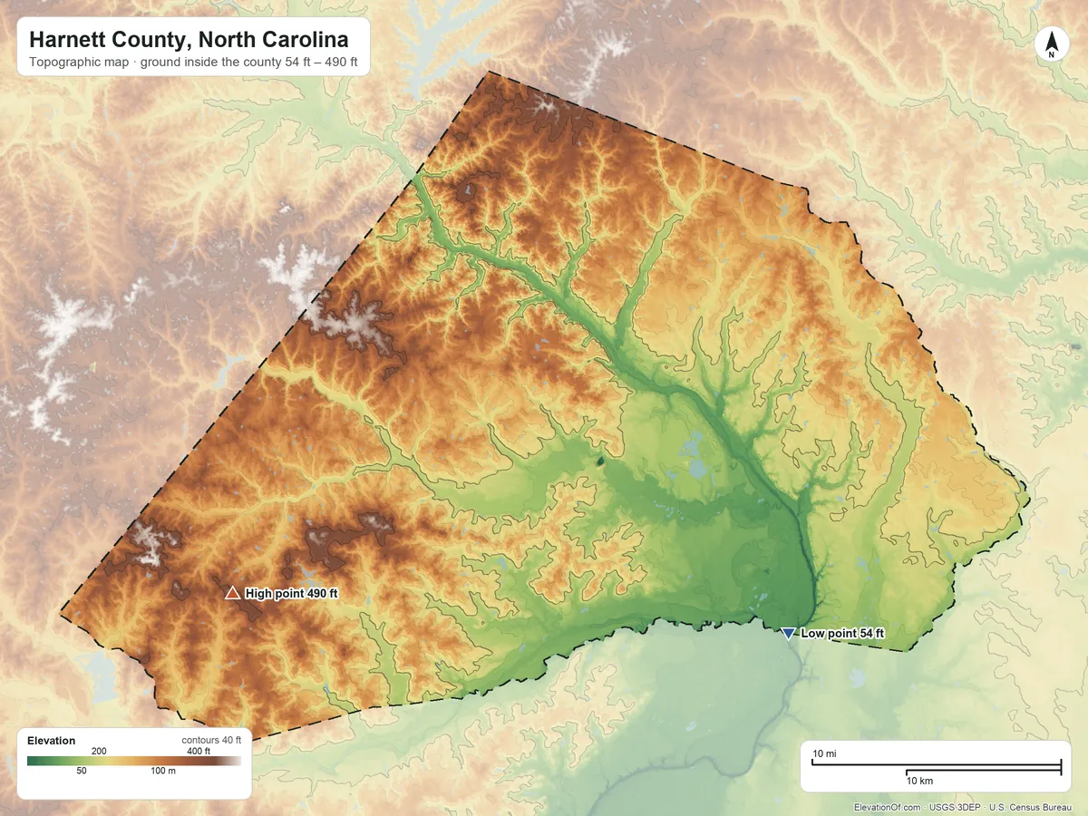 Topographic elevation map of Harnett County, North Carolina, shaded from 54 ft on the southeast side to 490 ft on Cameron Hill