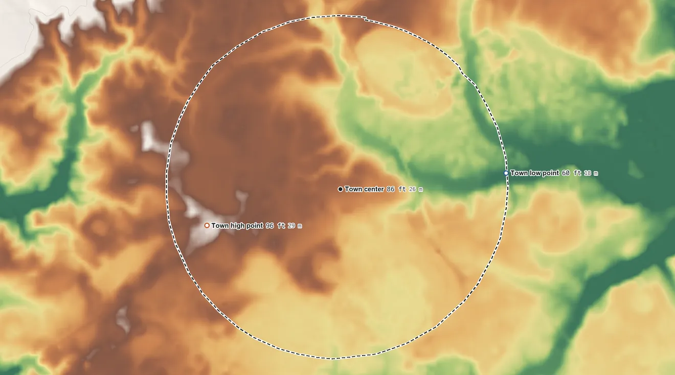 Topographic elevation map of Harrells, North Carolina, shaded from 60 ft on the east side to 96 ft on the west side