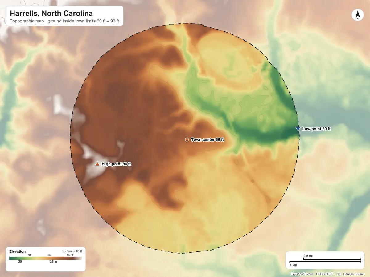 Topographic elevation map of Harrells, North Carolina, shaded from 60 ft on the east side to 96 ft on the west side