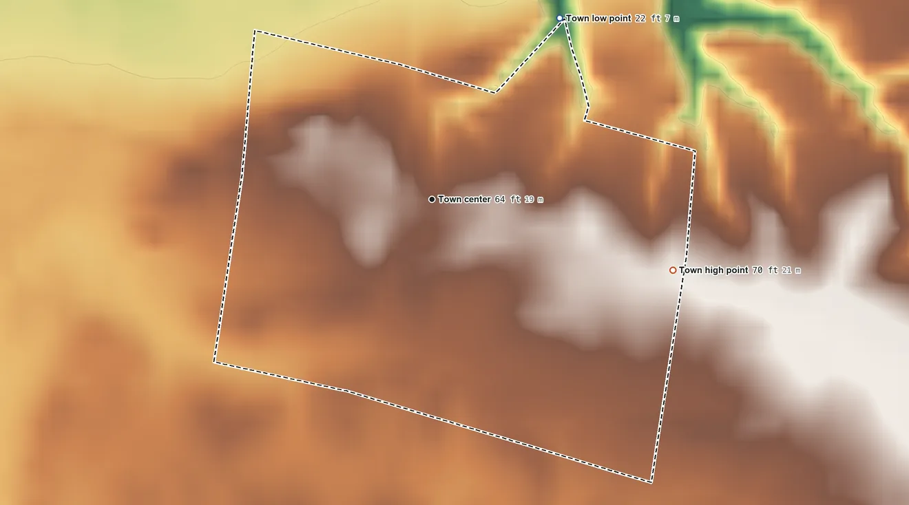 Topographic elevation map of Harrellsville, North Carolina, shaded from 22 ft on the northeast side to 70 ft on the east side