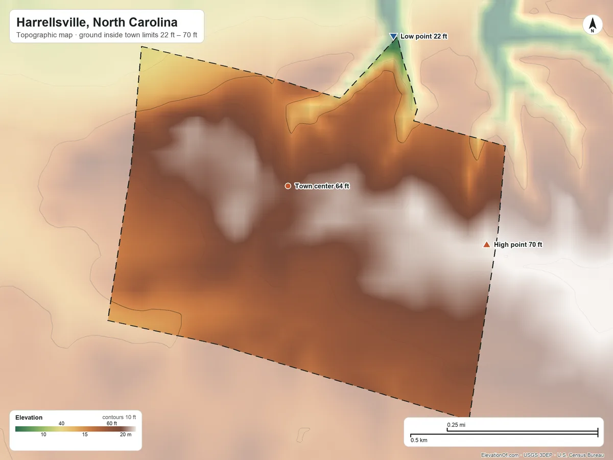 Topographic elevation map of Harrellsville, North Carolina, shaded from 22 ft on the northeast side to 70 ft on the east side