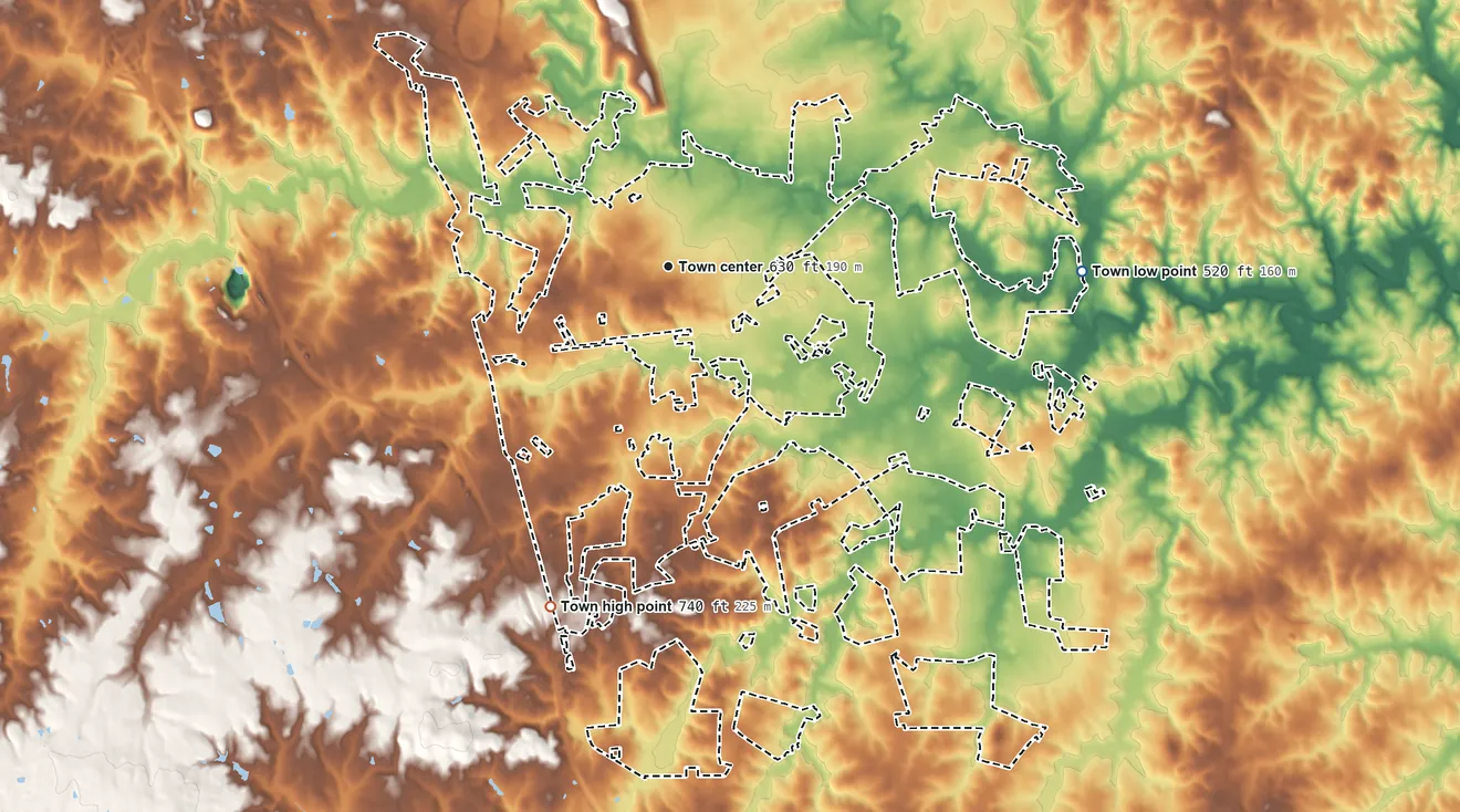 Topographic elevation map of Harrisburg, North Carolina, shaded from 520 ft on the east side to 740 ft on the south side