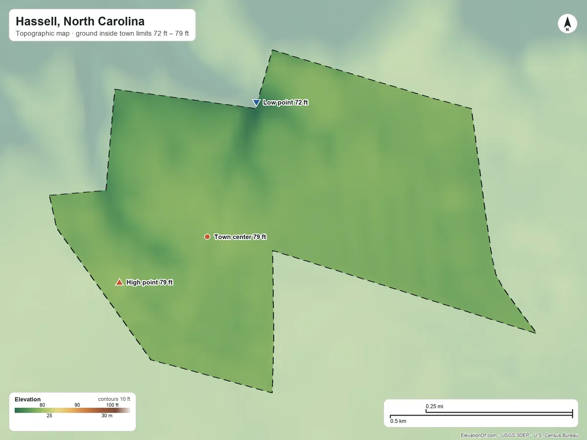 Topographic elevation map of Hassell, North Carolina, shaded from 72 ft on the north side to 79 ft on the southwest side