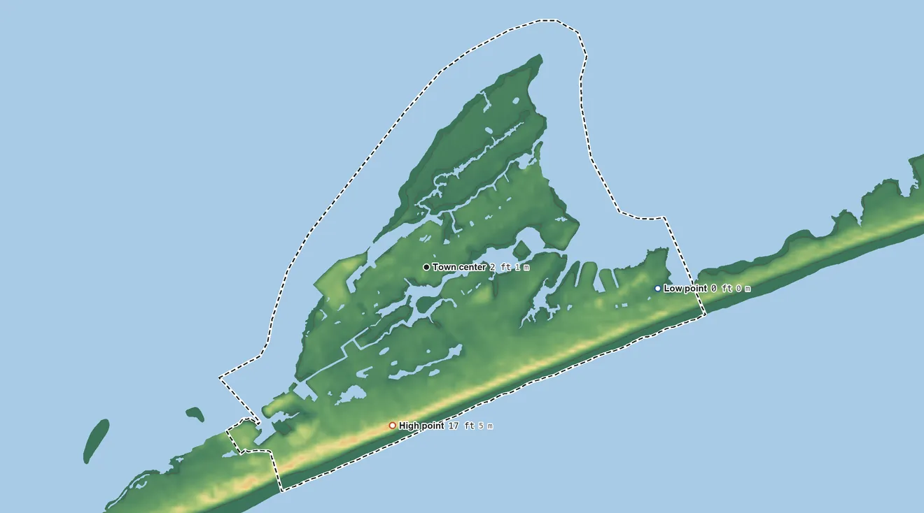 Topographic elevation map of Hatteras, North Carolina, shaded from sea level level on Pamlico Sound to 17 ft on the south side