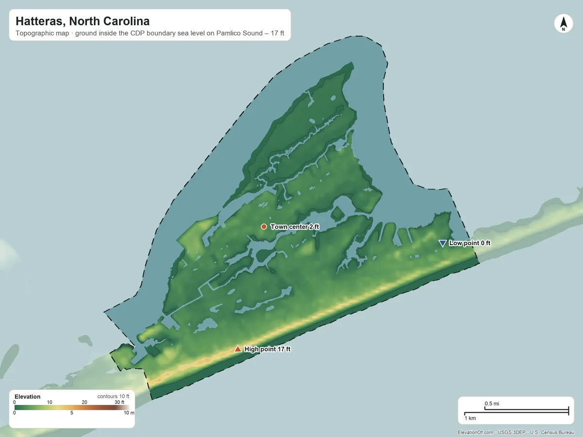 Topographic elevation map of Hatteras, North Carolina, shaded from sea level level on Pamlico Sound to 17 ft on the south side