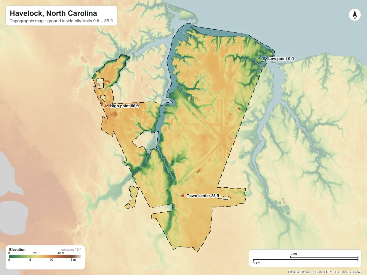 Topographic elevation map of Havelock, North Carolina, shaded from 0 ft on the northeast side to 56 ft on the northwest side