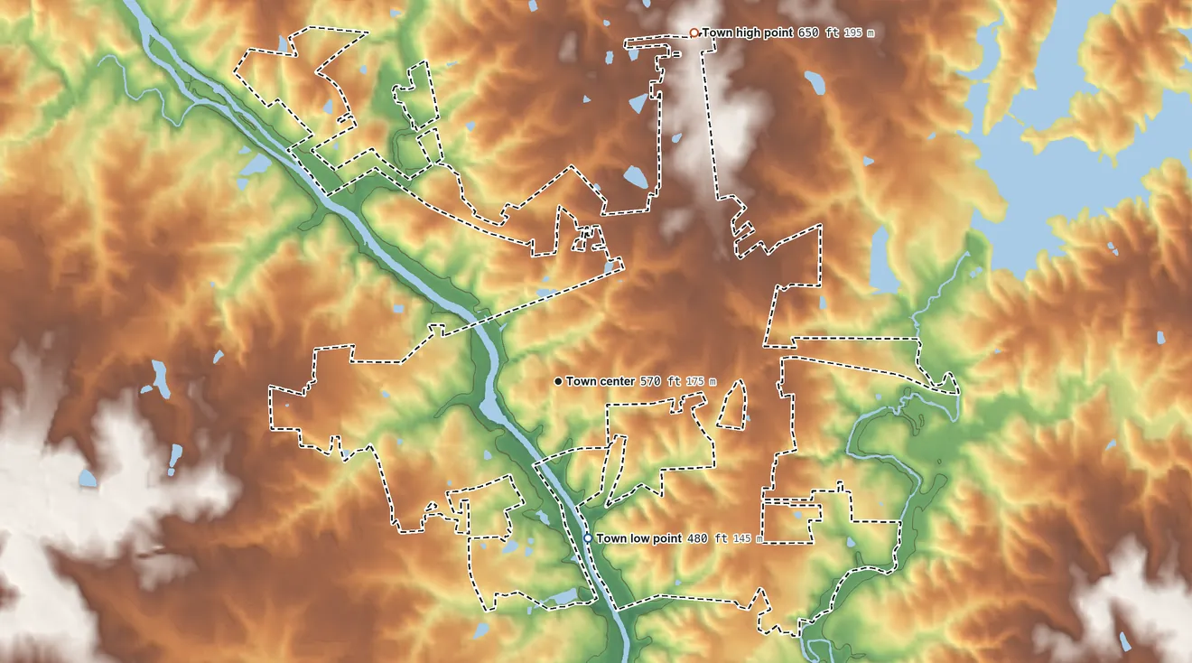 Topographic elevation map of Haw River, North Carolina, shaded from 480 ft on the south side to 650 ft on the north side