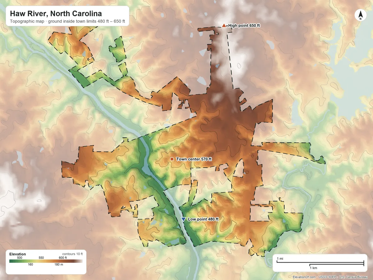 Topographic elevation map of Haw River, North Carolina, shaded from 480 ft on the south side to 650 ft on the north side