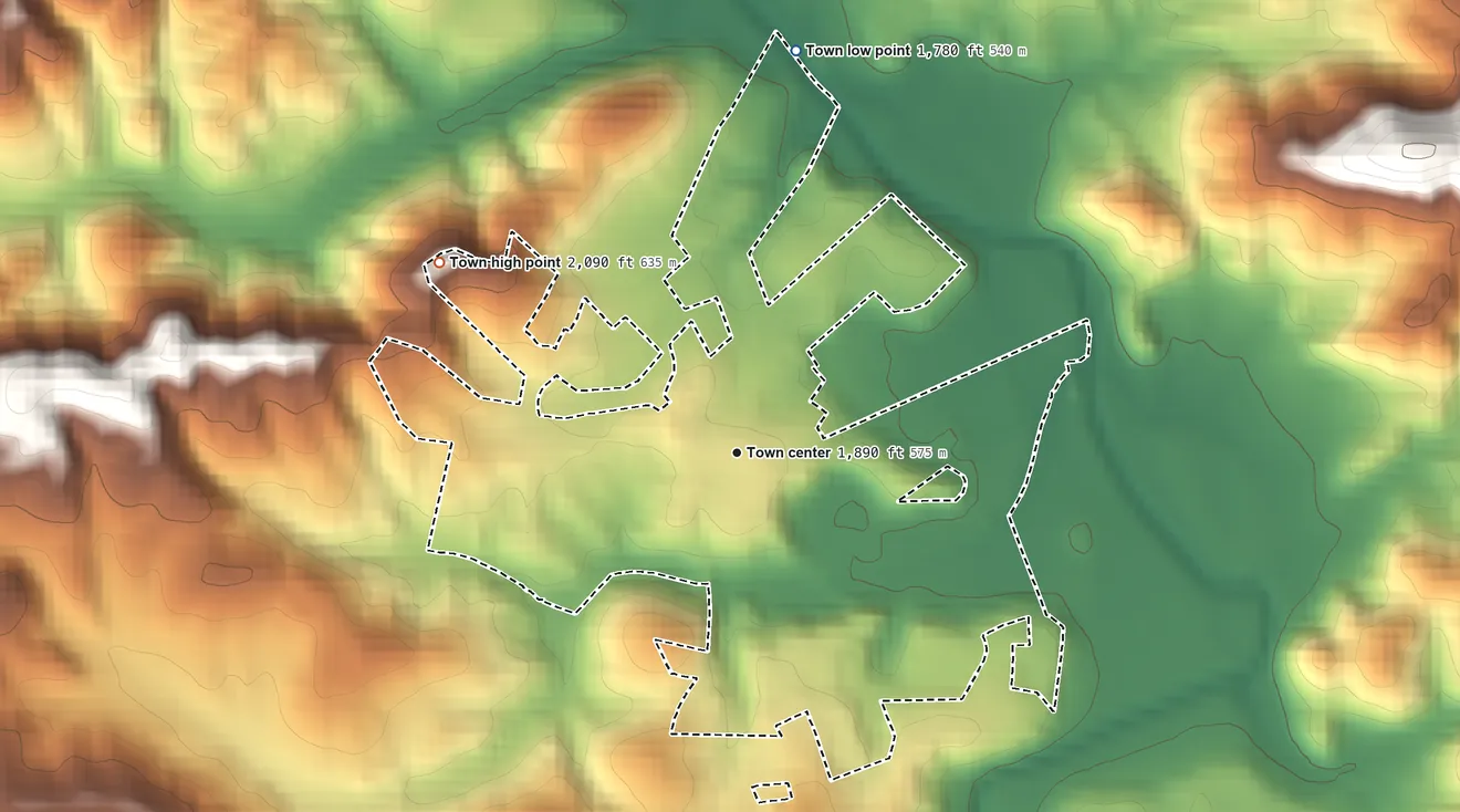 Topographic elevation map of Hayesville, North Carolina, shaded from 1,780 ft on the north side to 2,090 ft on the northwest edge, below higher ground just outside