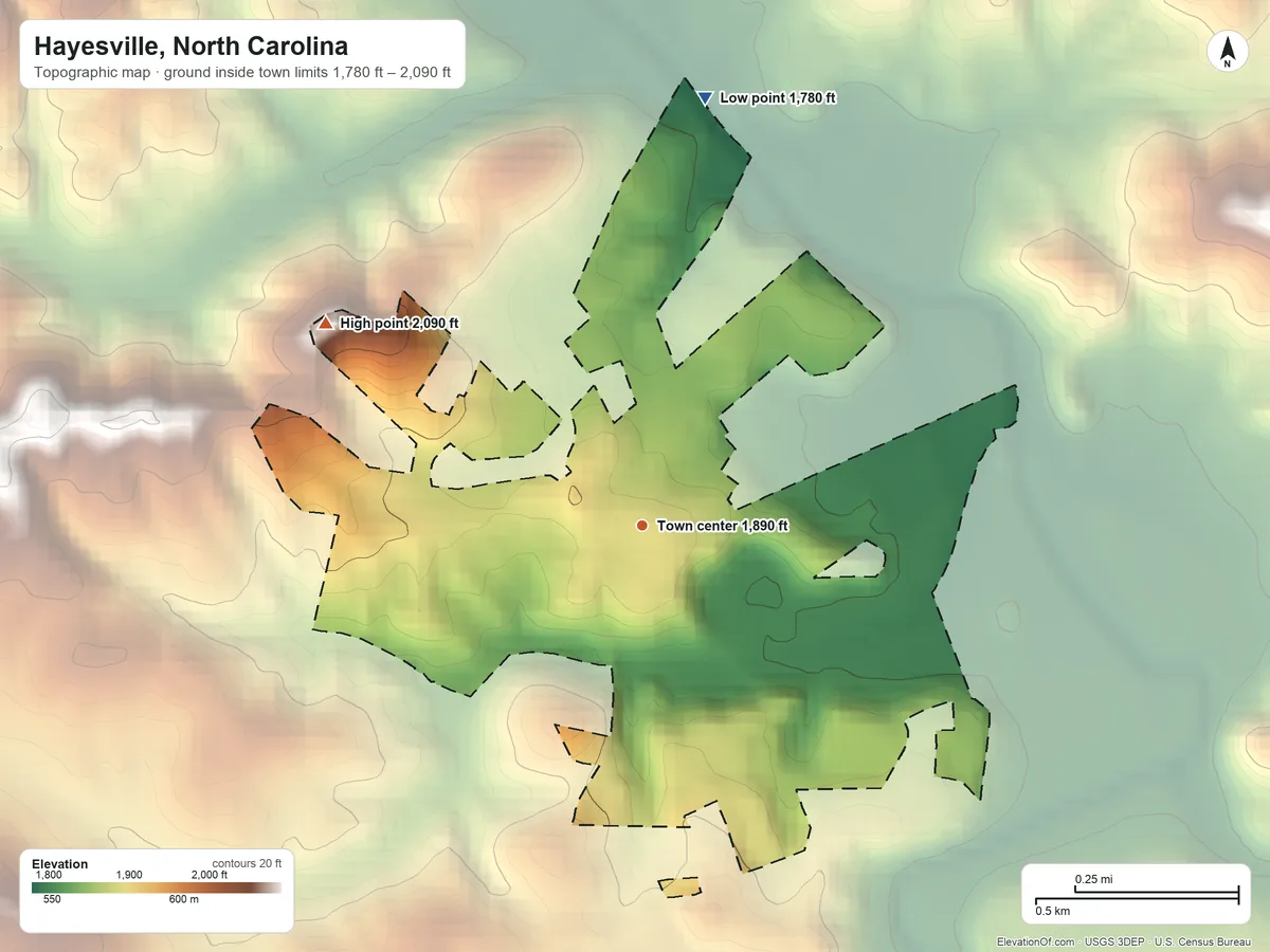 Topographic elevation map of Hayesville, North Carolina, shaded from 1,780 ft on the north side to 2,090 ft on the northwest edge, below higher ground just outside