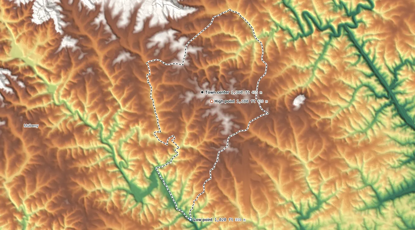 Topographic elevation map of Hays, North Carolina, shaded from 1,020 ft on the south side to 1,380 ft near the middle
