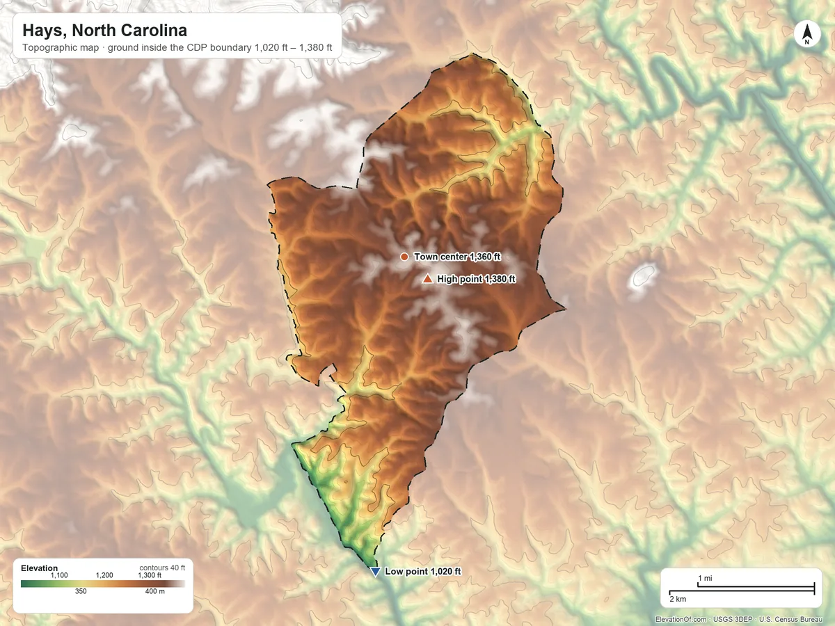 Topographic elevation map of Hays, North Carolina, shaded from 1,020 ft on the south side to 1,380 ft near the middle