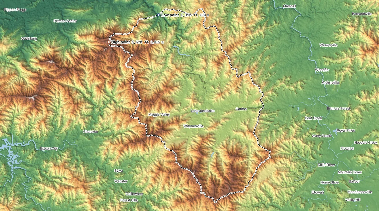 Topographic elevation map of Haywood County, North Carolina, shaded from 1,390 ft on the north side to 6,620 ft on Mount Guyot