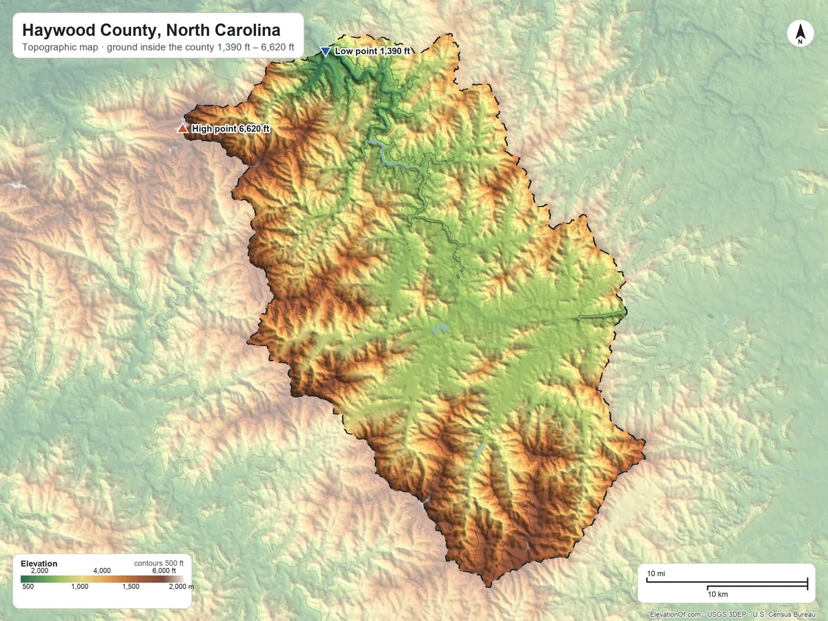 Topographic elevation map of Haywood County, North Carolina, shaded from 1,390 ft on the north side to 6,620 ft on Mount Guyot