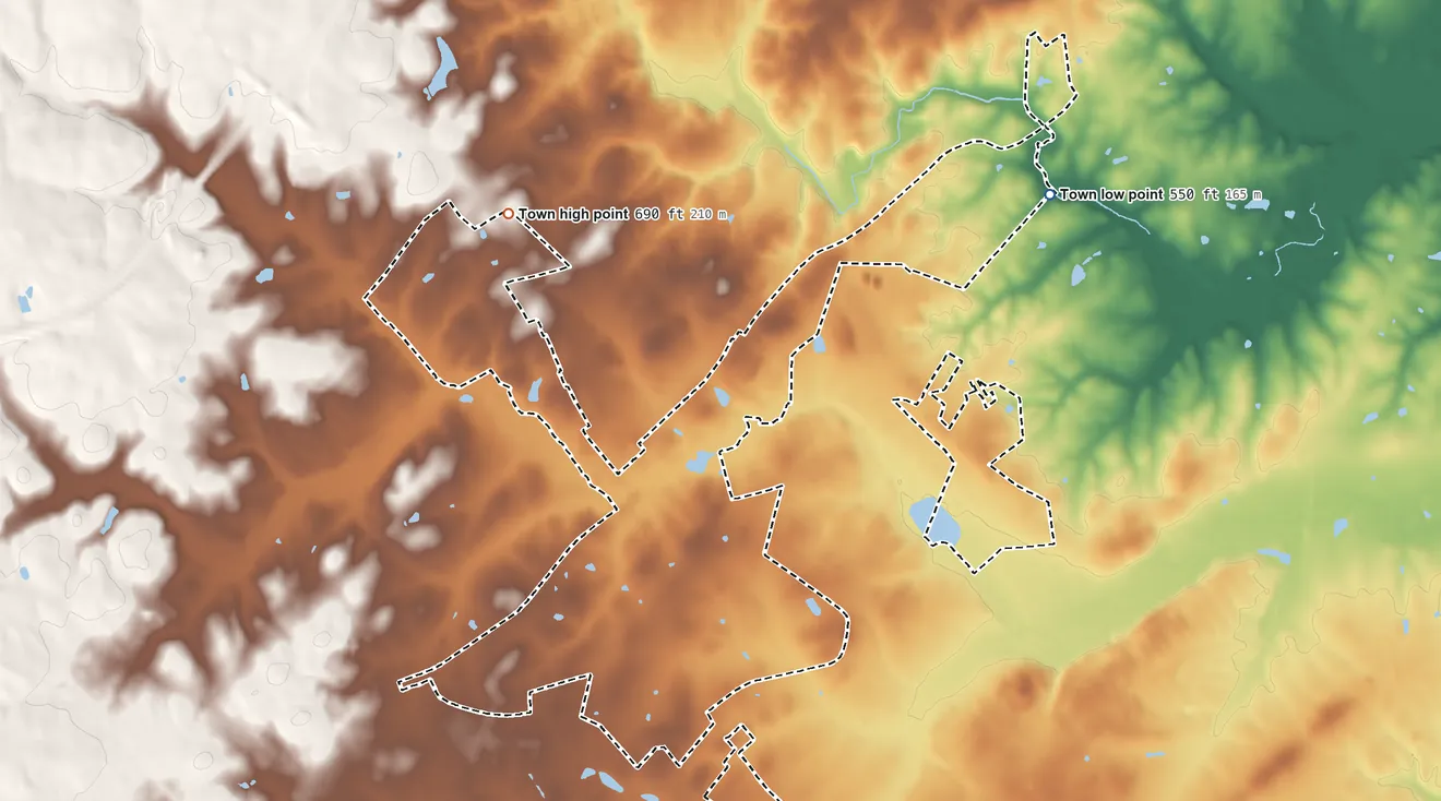 Topographic elevation map of Hemby Bridge, North Carolina, shaded from 550 ft on the northeast side to 690 ft on the northwest side