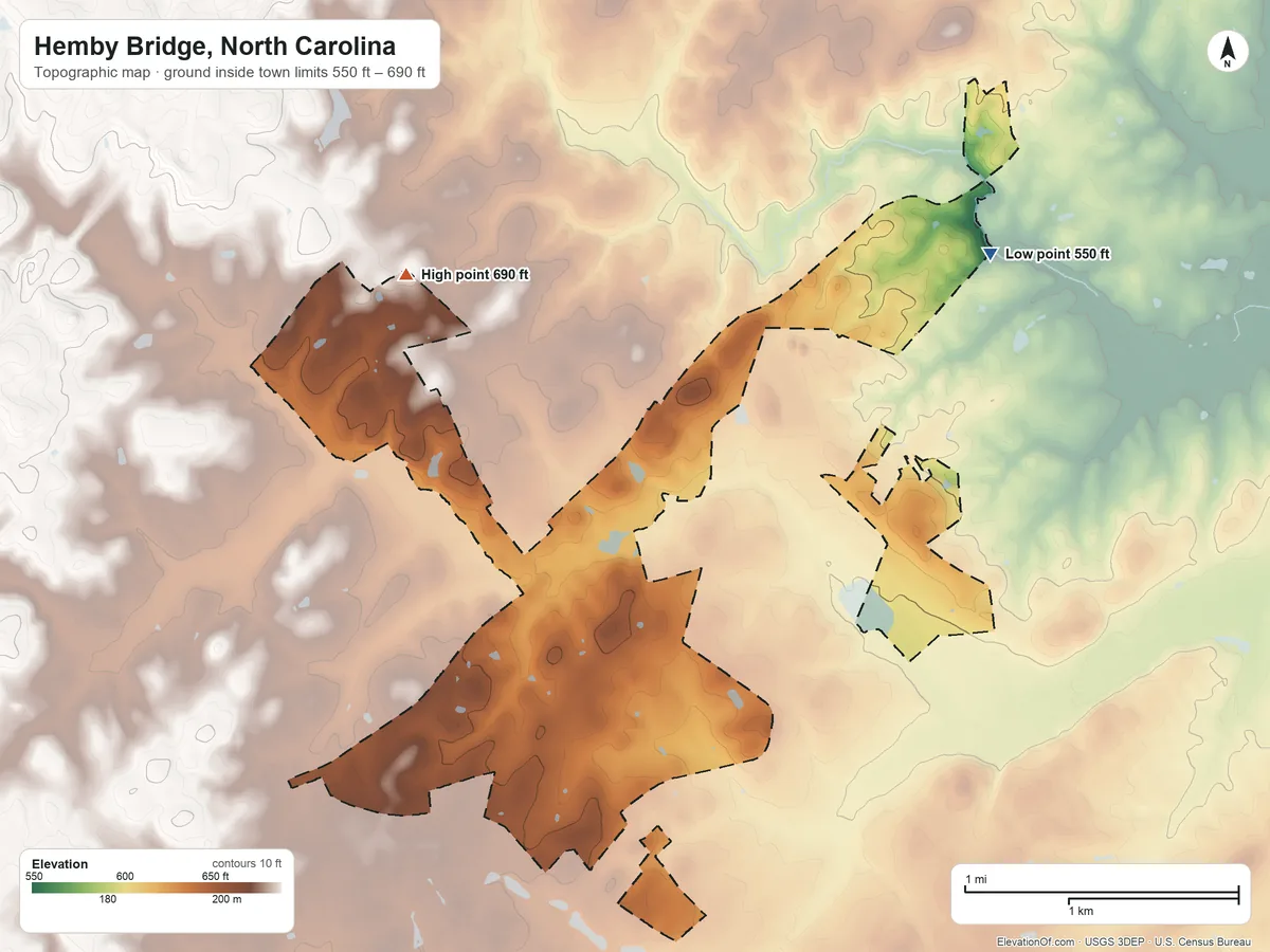 Topographic elevation map of Hemby Bridge, North Carolina, shaded from 550 ft on the northeast side to 690 ft on the northwest side