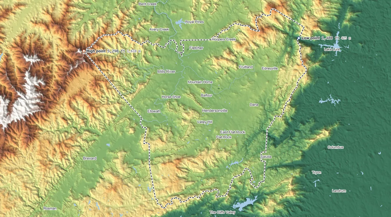 Topographic elevation map of Henderson County, North Carolina, shaded from 1,400 ft on the northeast side to 5,290 ft on Mount Pisgah