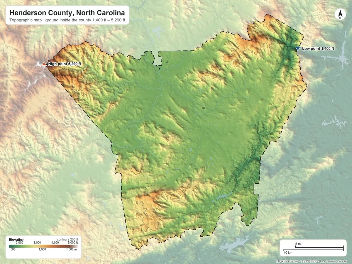 Topographic elevation map of Henderson County, North Carolina, shaded from 1,400 ft on the northeast side to 5,290 ft on Mount Pisgah