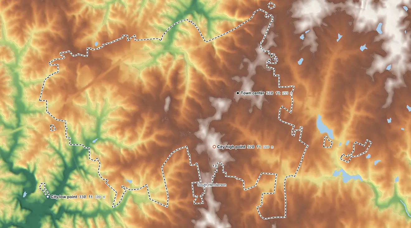Topographic elevation map of Henderson, North Carolina, shaded from 330 ft on the southwest side to 520 ft on the southwest side