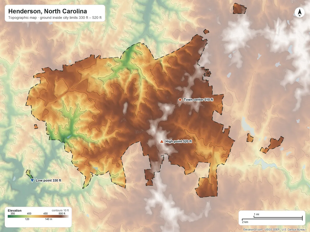 Topographic elevation map of Henderson, North Carolina, shaded from 330 ft on the southwest side to 520 ft on the southwest side