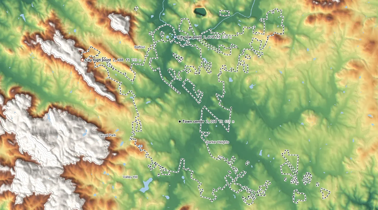 Topographic elevation map of Hendersonville, North Carolina, shaded from 2,070 ft on the north side to 2,480 ft on the northwest edge, below higher ground just outside