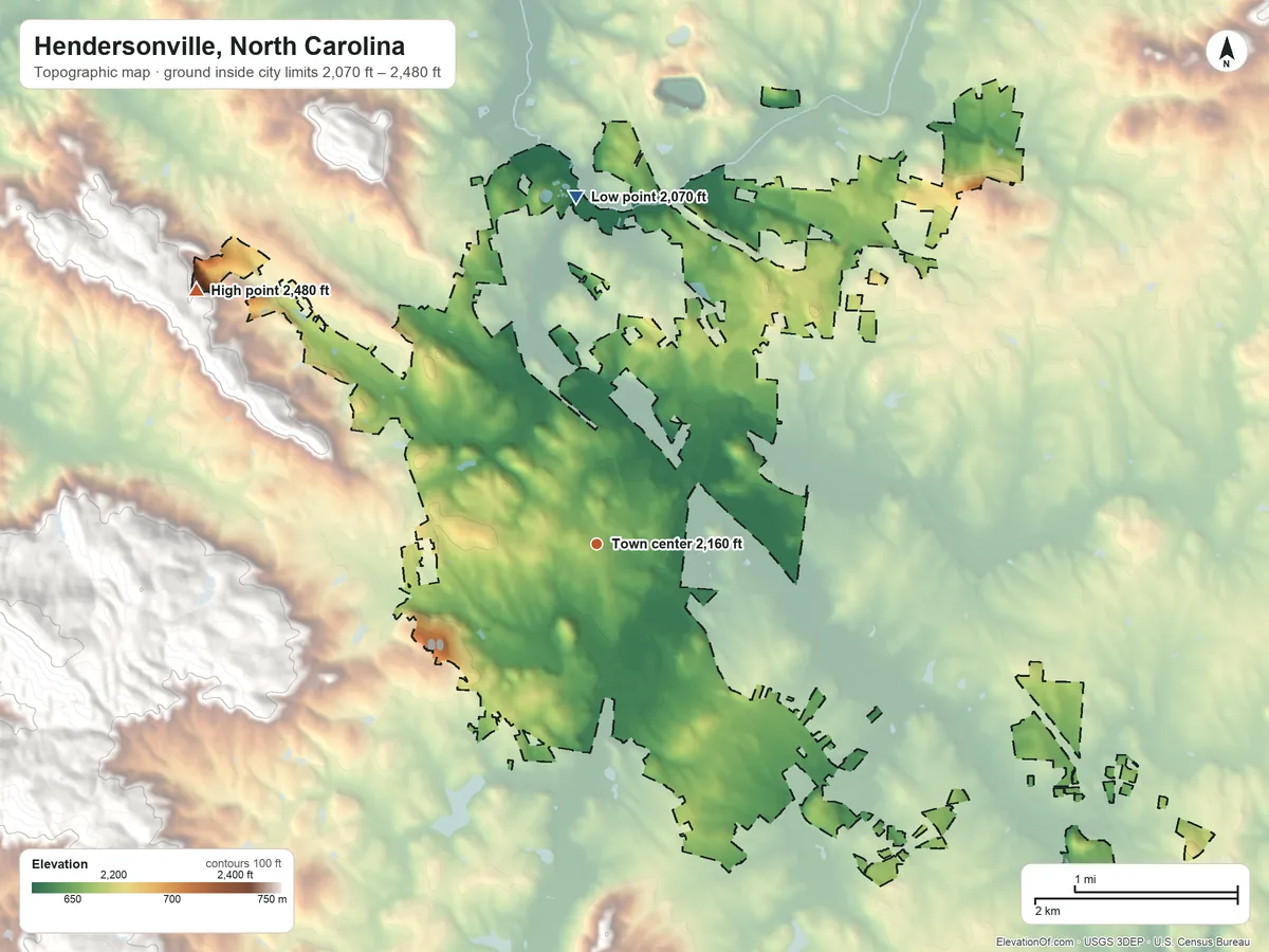 Topographic elevation map of Hendersonville, North Carolina, shaded from 2,070 ft on the north side to 2,480 ft on the northwest edge, below higher ground just outside