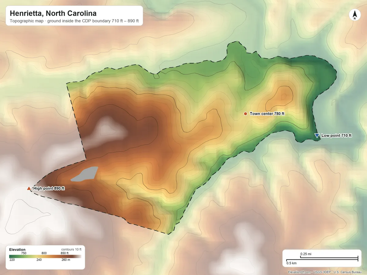 Topographic elevation map of Henrietta, North Carolina, shaded from 710 ft on the east side to 890 ft on the west side