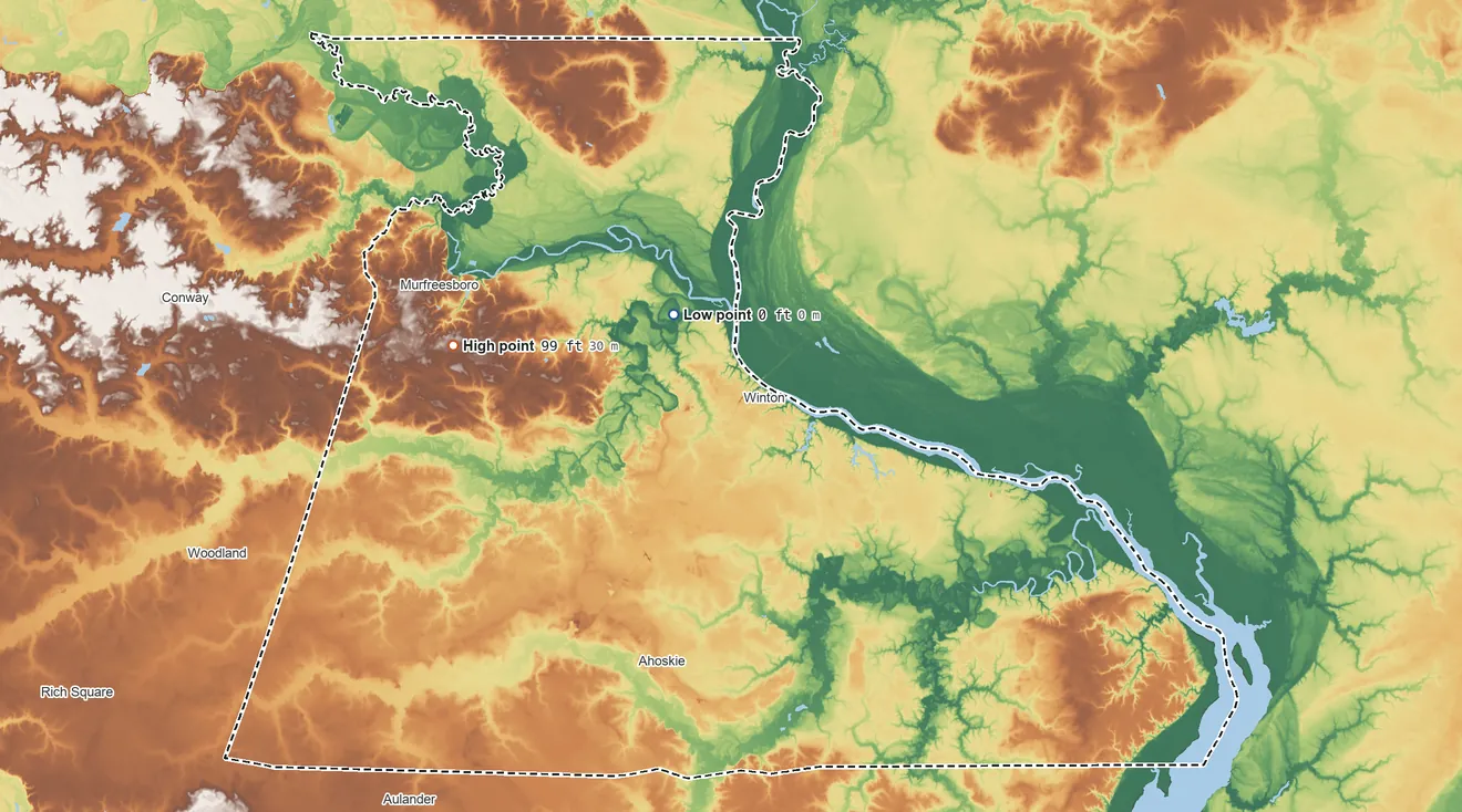 Topographic elevation map of Hertford County, North Carolina, shaded from 0 ft near the middle to 99 ft on the west side
