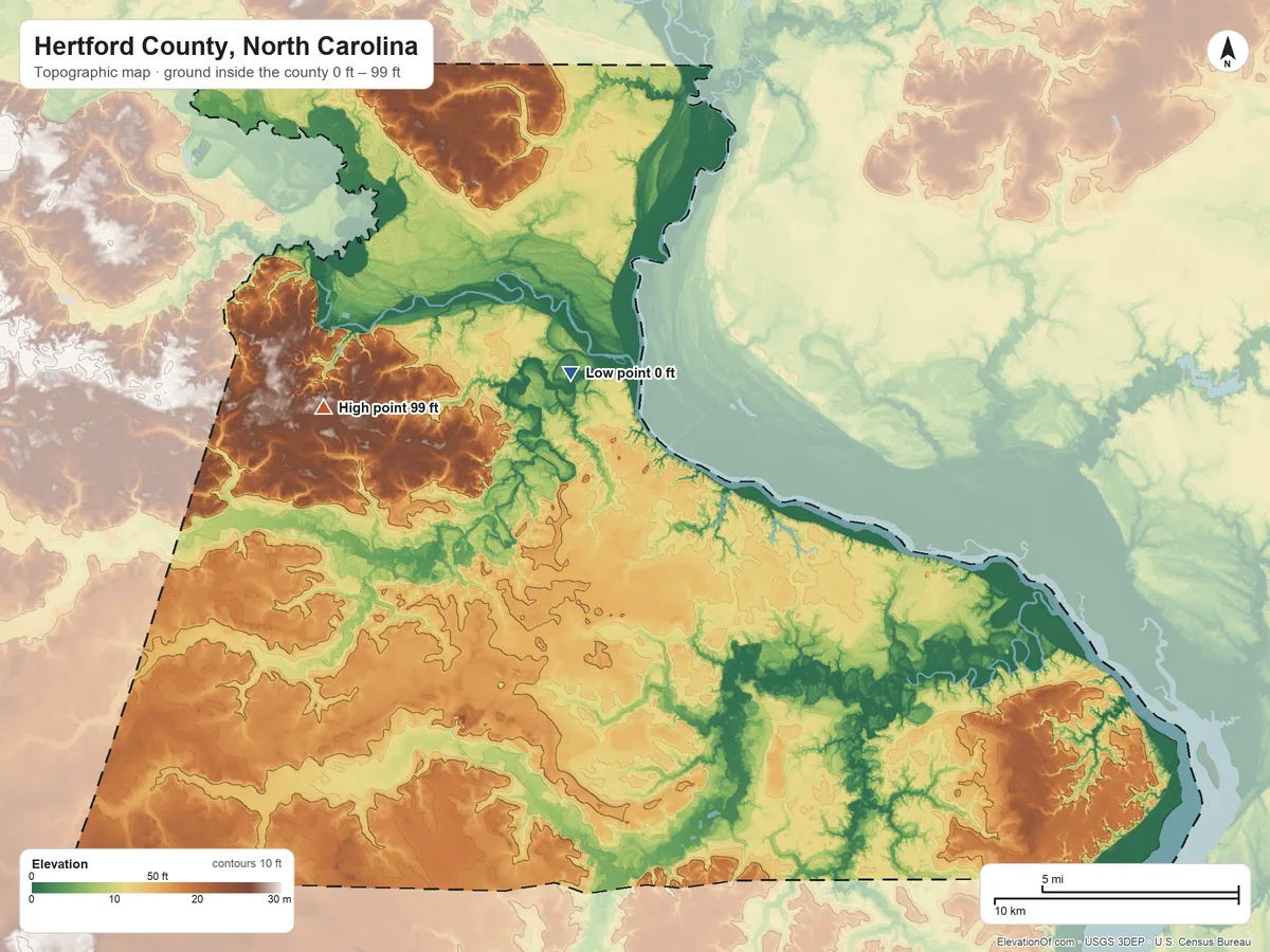 Topographic elevation map of Hertford County, North Carolina, shaded from 0 ft near the middle to 99 ft on the west side