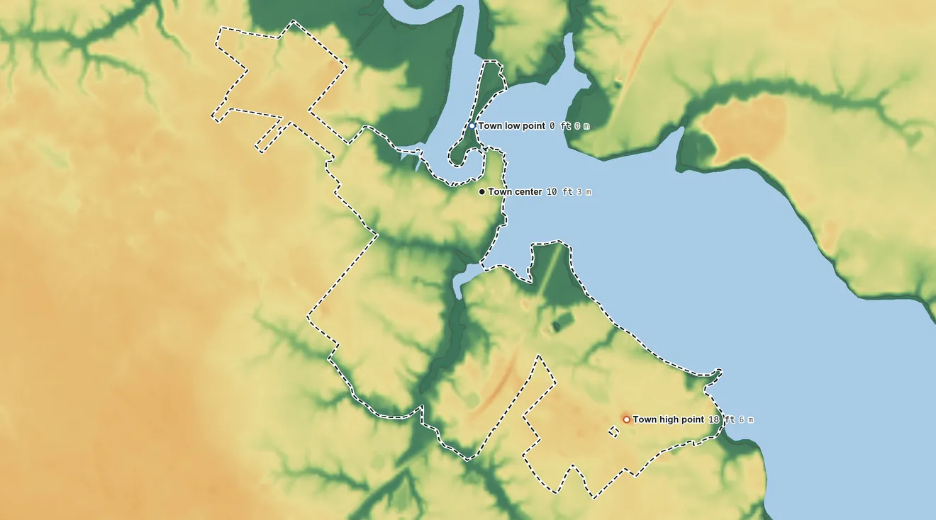 Topographic elevation map of Hertford, North Carolina, shaded from 0 ft near the middle to 18 ft on the southeast side