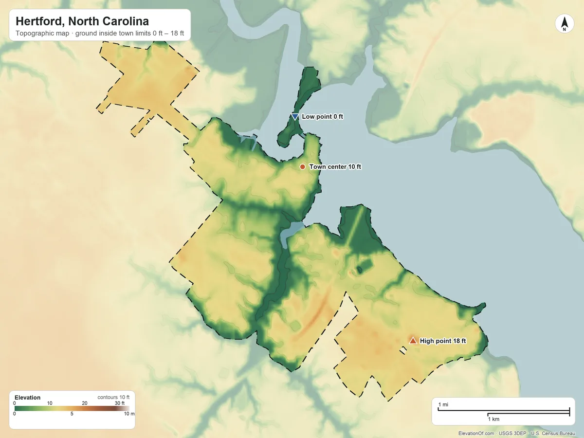 Topographic elevation map of Hertford, North Carolina, shaded from 0 ft near the middle to 18 ft on the southeast side