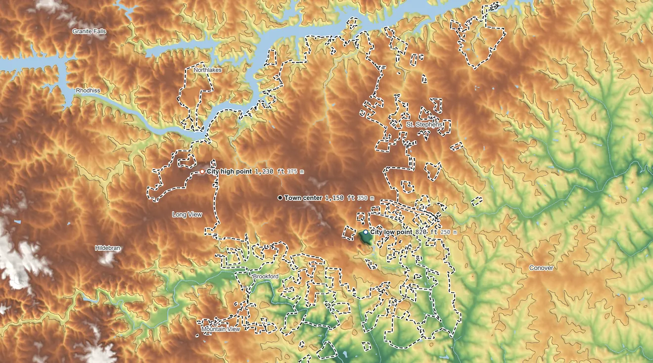 Topographic elevation map of Hickory, North Carolina, shaded from 820 ft on the east side to 1,230 ft on the west side