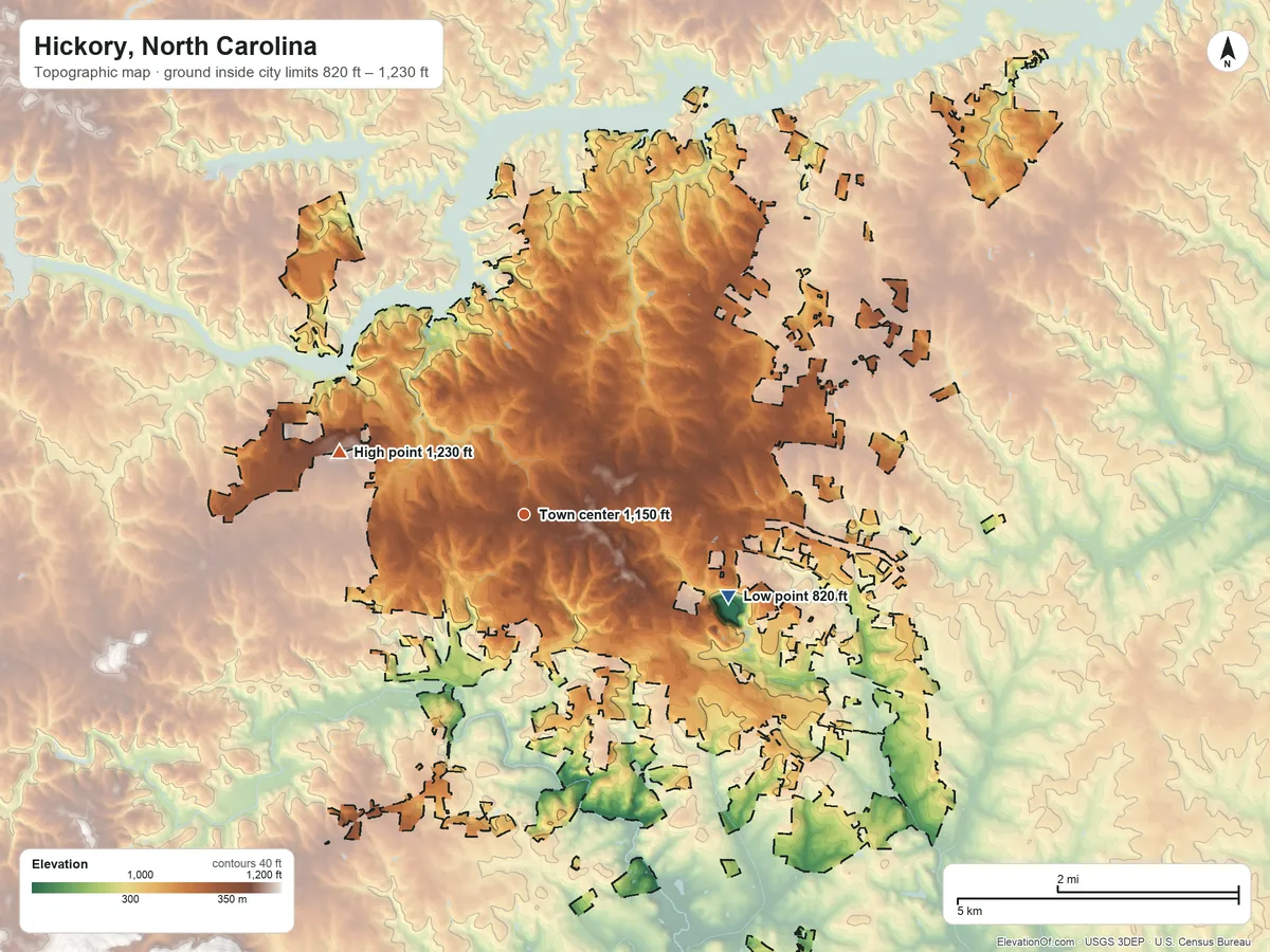 Topographic elevation map of Hickory, North Carolina, shaded from 820 ft on the east side to 1,230 ft on the west side