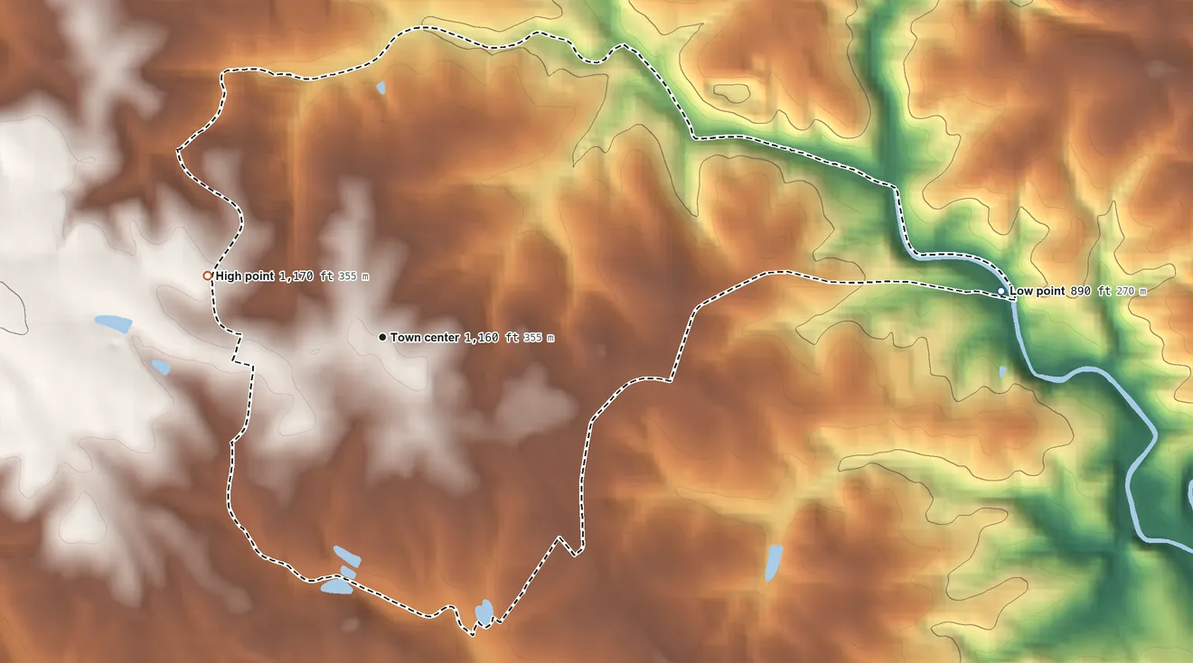 Topographic elevation map of Hiddenite, North Carolina, shaded from 890 ft on the east side to 1,170 ft on the west side
